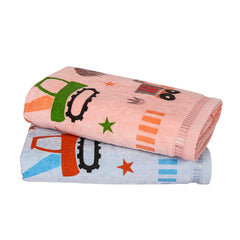 Rangoli Kids Printed Cotton Bath Towel Set of 2 (Tractor Design) | Size (60x120 Cm) | Anti-Bacterial, Ultra Soft Towels for Girls and Boys