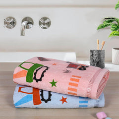 Rangoli Kids Printed Cotton Bath Towel Set of 2 (Tractor Design) | Size (60x120 Cm) | Anti-Bacterial, Ultra Soft Towels for Girls and Boys